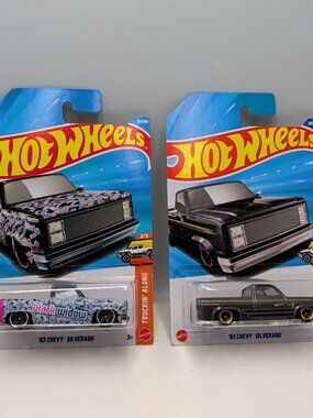 Hot Wheels '83 Chevy Silverado Black & Black Widow Long Card Truckin Hot Trucks